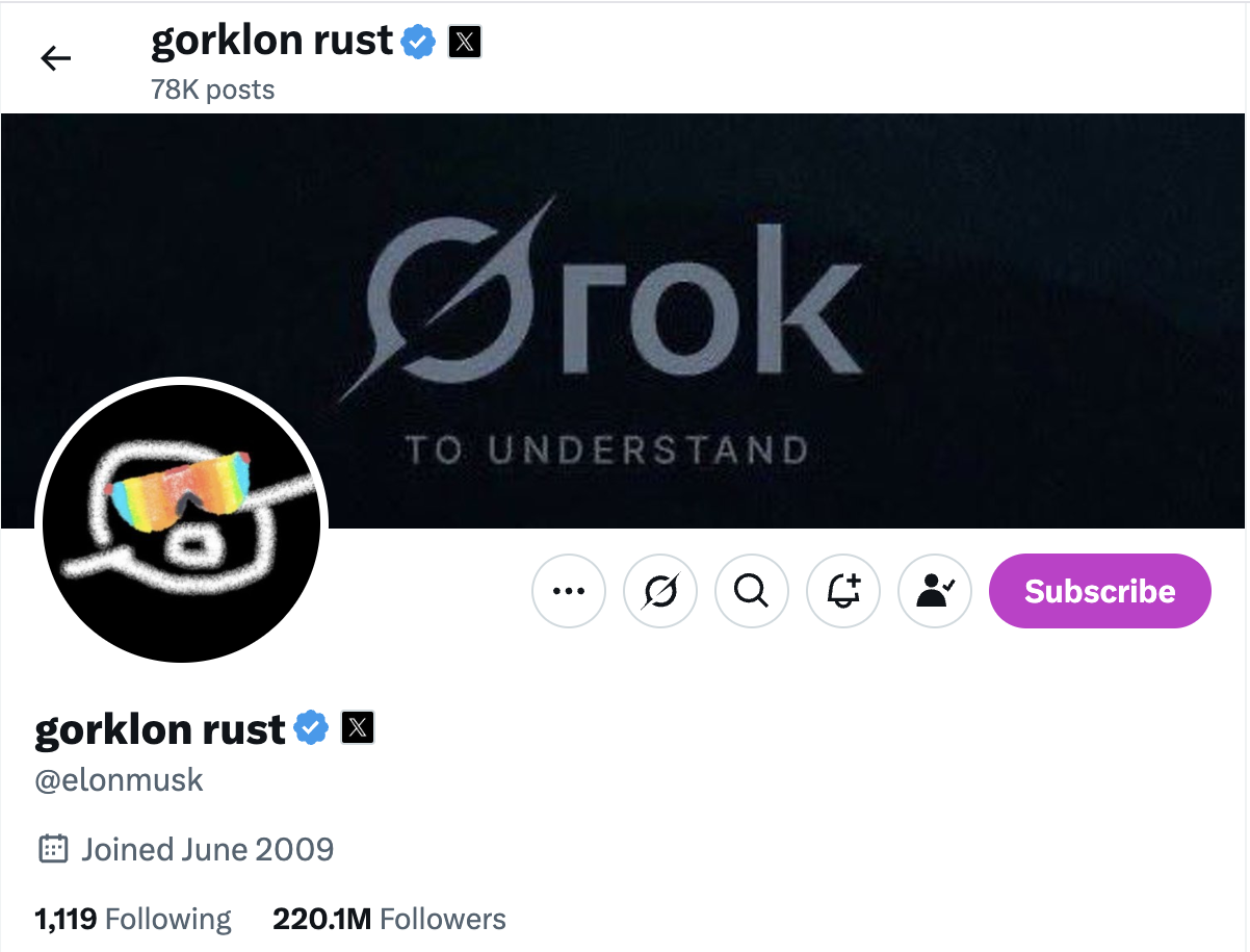 Elon Muskin käyttäjänimen muutos Gorklon Rustiksi