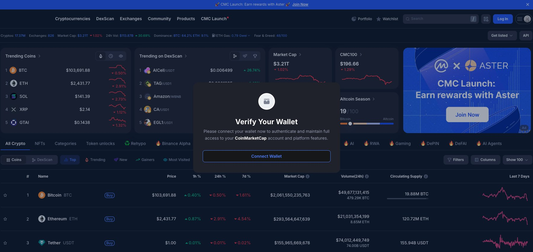 Haitallinen ponnahdusviesti CoinMarketCapin etusivulla.