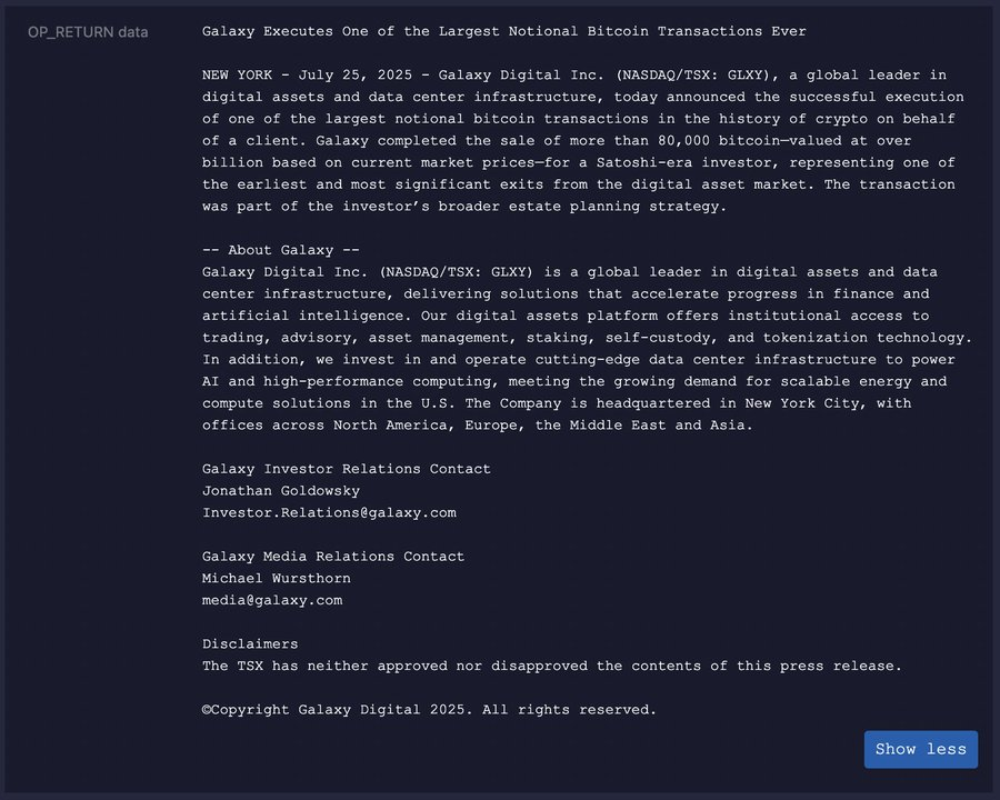 Galaxy Digitalin upotettu viesti Bitcoin-verkossa.